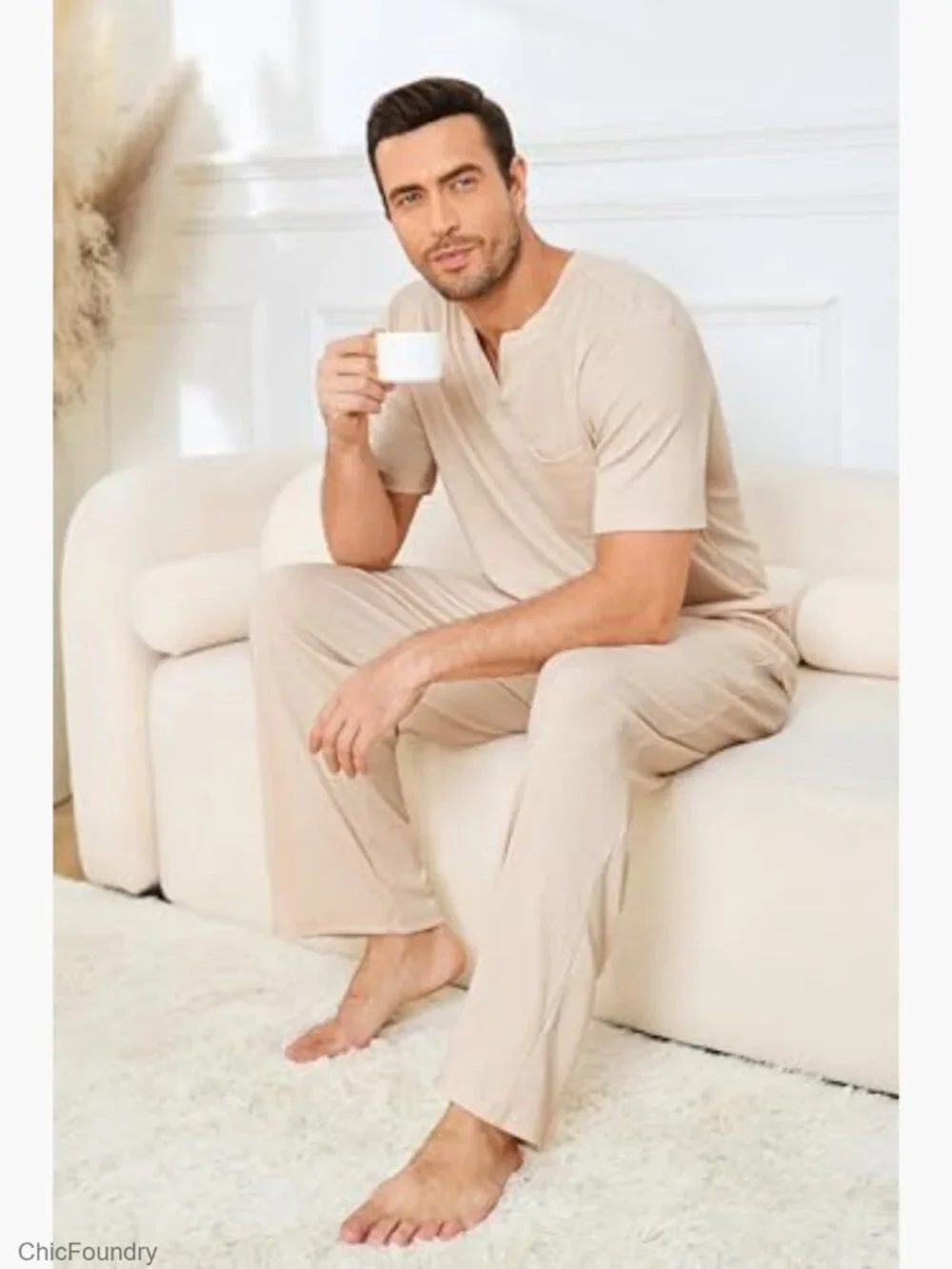 Matching Pajama Set Soft Short Sleeve Top and Pant Lounge Pjs Pockets